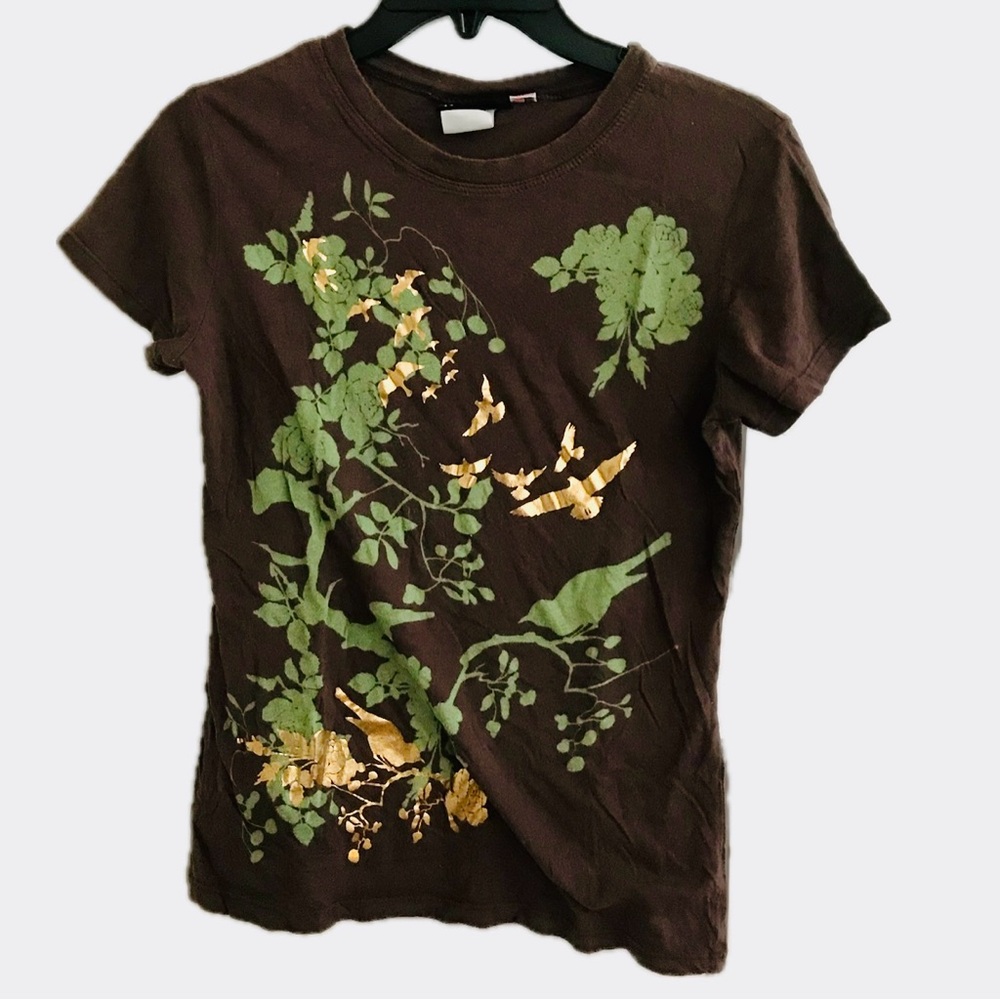 Vintage Tee With Foliage and Birds